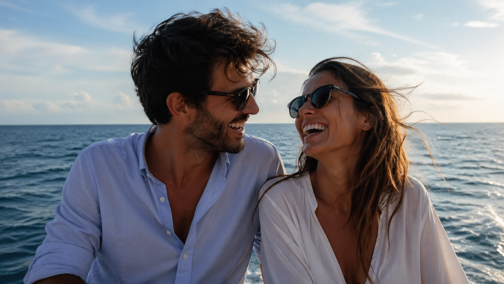 Pareja disfrutando en barco
